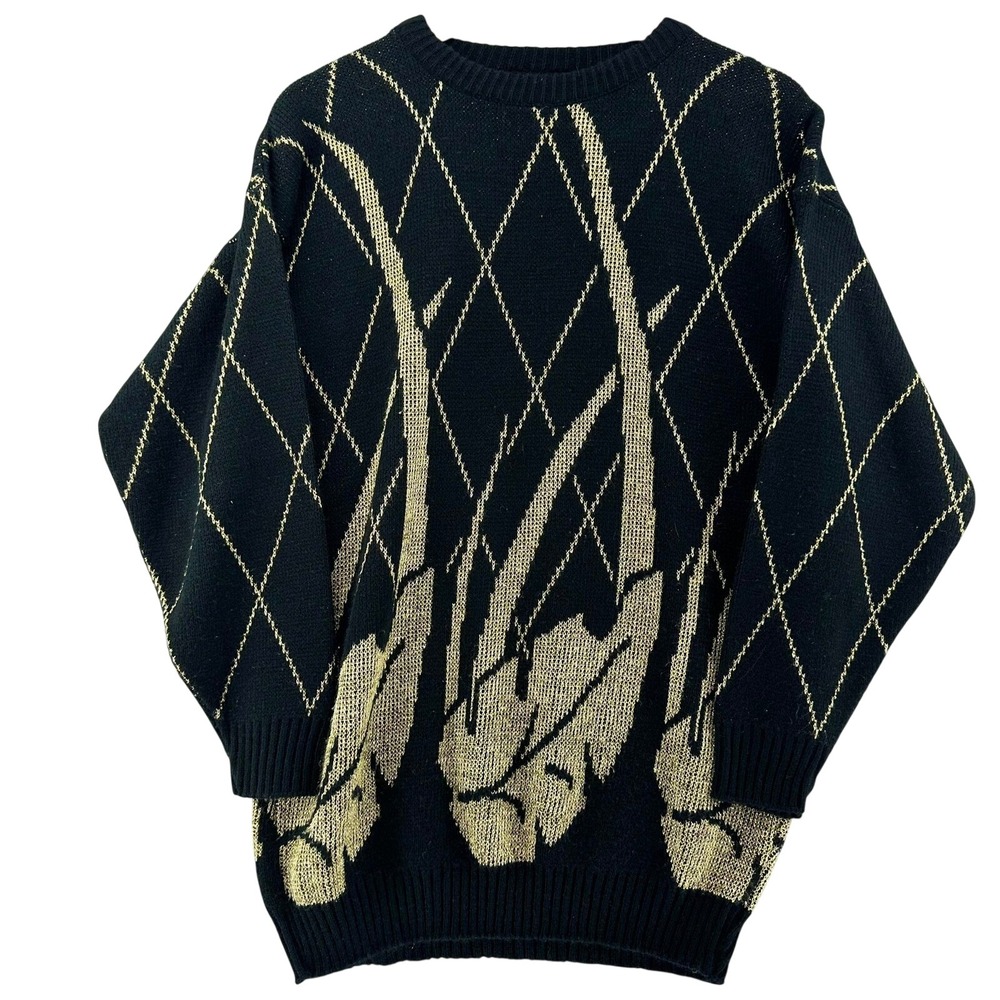 VTG Ellen-D Kollection‎ Metallic Black Gold Botanical Knit Sweater M Retro Glam
